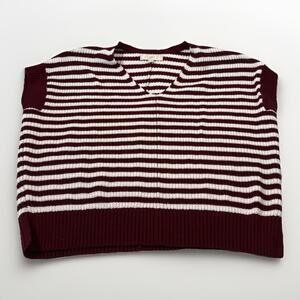 LOFT Poncho Sweater Women's S White Brown Striped Short Sleeve Knit V-Neck (A29)